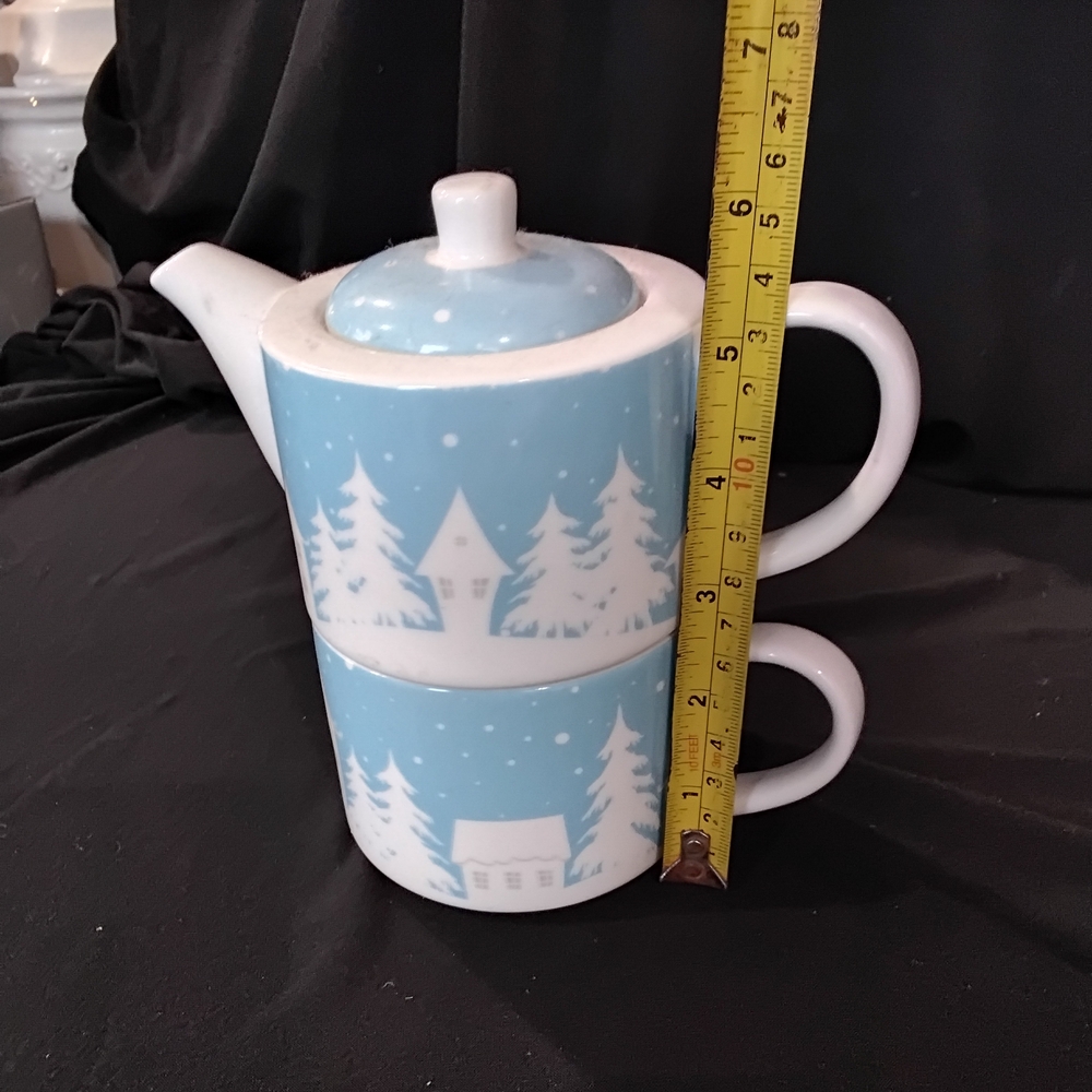 Charming Blue Teapot Set with Winter Design